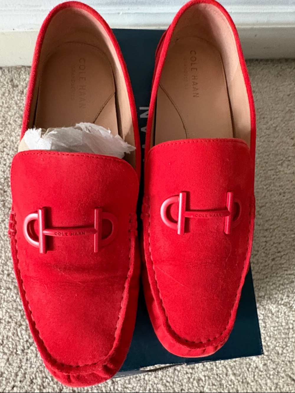 Cole Haan Red Suede Slip-On Loafers - Picture 2 of 11